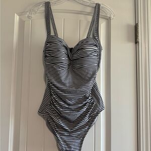 bond-eye White and Blue One Piece Swimsuit with Sophisticated Ruching